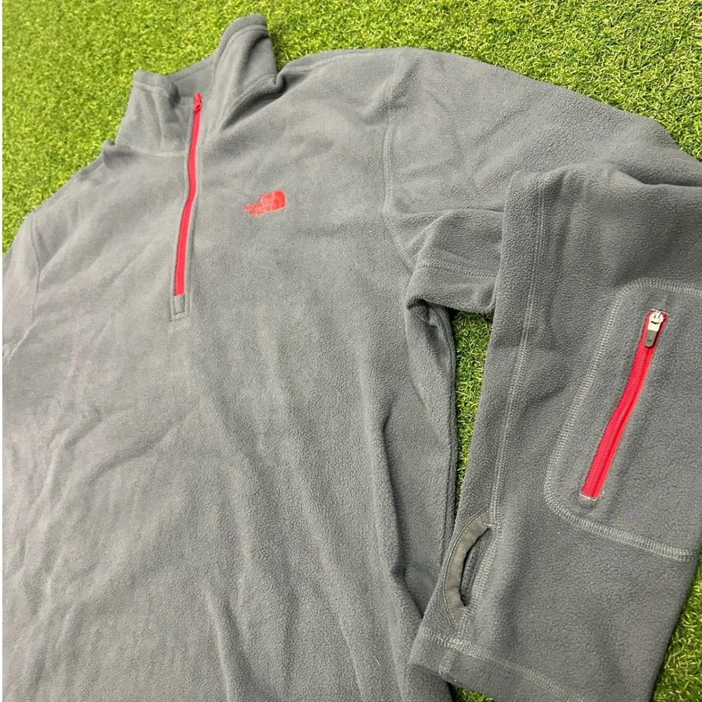 The North Face Mens Large Gray Red 1/4 Zip Fleece Pullover Jacket‎ Sleeve Pocket